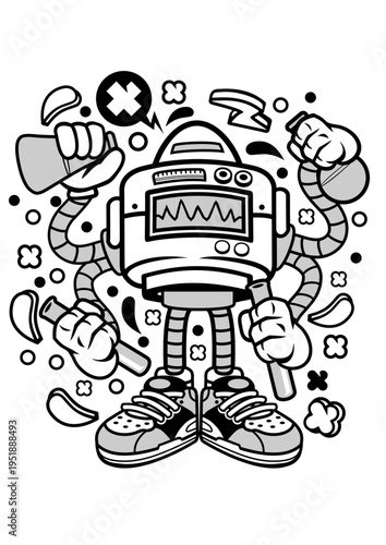 Funny cartoon robot character with a screen and arms with science fiction