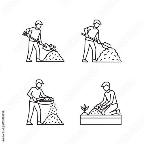 Line art illustrations depicting various stages of gardening and soil preparation, including shoveling, turning, sifting, and planting a seedling.