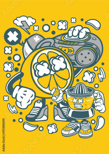 Lemon character with juicer and sneakers, ready to make juice