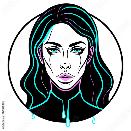 Futuristic female face silhouette with glowing neon lines and tears