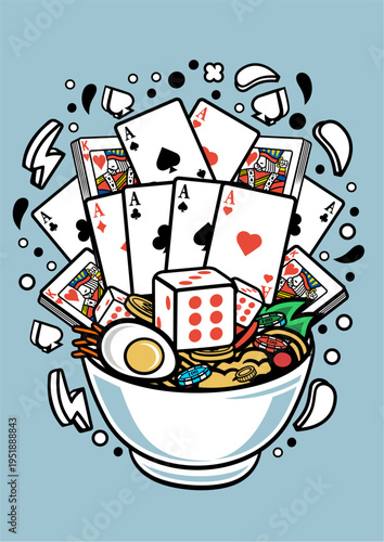Bowl of ramen noodles with playing cards and dice, asian food concept