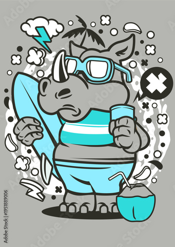 Rhino in beachwear with surfboard and coconut drink, summer holiday graphic