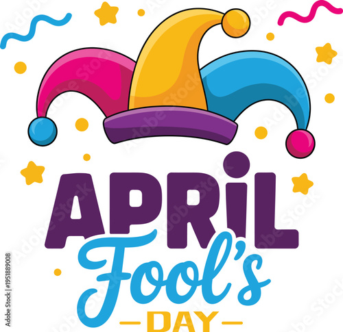 Colorful Jester Hat Illustration with Stars, Wavy Lines, and 'APRIL Fool's DAY' Text