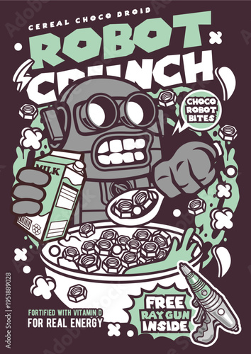 Robot character eating crunch cereal with milk, breakfast graphic art