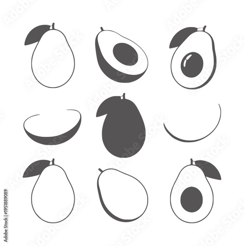 Nine dark gray and white avocado showing whole and halved fruits