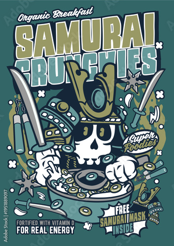Samurai skull dj eating cereal, ready for energy and battle