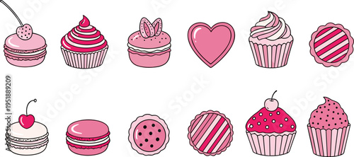cupcake and sweet treats line art icons set , hand drawn, doodle, sweet, bakery, food, delicious, muffin