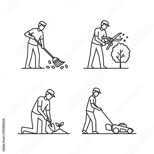 Line art illustrations depicting various gardening and yard work activities, including raking leaves, pruning a tree, planting a seedling, and mowing a lawn.