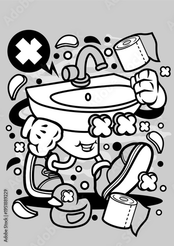 Cartoon sink with face and legs, holding toilet paper rolls