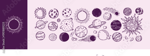 Celestial Bodies Vector Set. Hand Drawn Sun, Planets, Moons and Comets Sketch Collection. Space Astronomy Line Art Icons.
