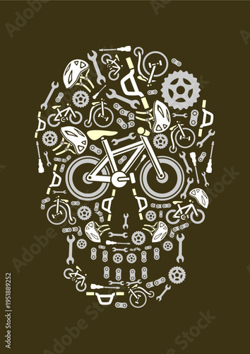 Skull made of bicycle parts and helmets
