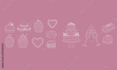 Dining and party celebration sketches for restaurant menu food, drink, wine, glass, plate, fork, knife, 