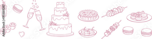 cake brithday dining icons and celebration event doodles party, restaurant, menu, food, drink, wine, glass, plate, fork, knife, 
