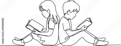 Two children reading books back to back in continuous line art