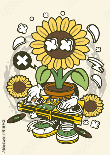 Sunflower dj with turntables, records, and headphones, disc jockey