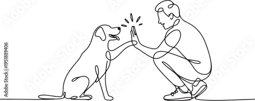 Man and Dog High Five Continuous Line Drawing friendship