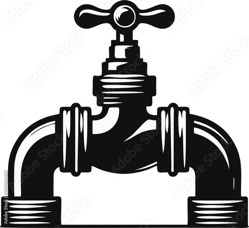 Black Engraved Line Art Faucet with Curved Spout and Handle – Vintage Plumbing Tap Vector Icon