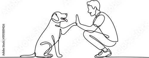 Dog and Person High Five Continuous Line Art friendship