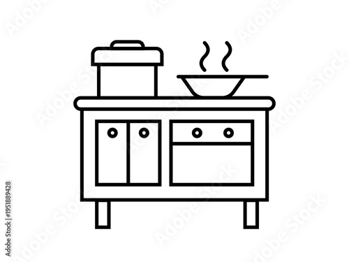 Vector illustration of a kitchen. Simple black and white illustration. Flat and clean style, isolated on a white background. 