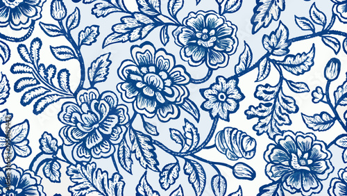 Intricate blue and white floral pattern with detailed botanical illustrations