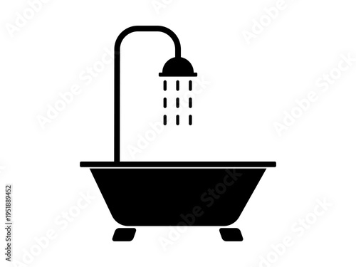 A flat vector icon of a bathtub with an overhead shower and falling water drops. Solid black silhouette with simple shapes, isolated on a light background. Ideal for bathroom symbols.