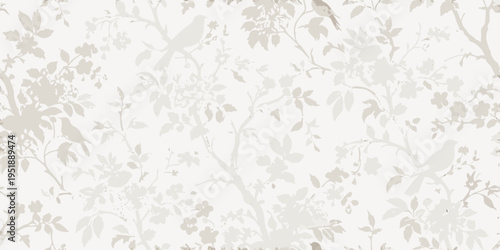 Elegant wallpaper featuring stylized birds amongst delicate branches and foliage
