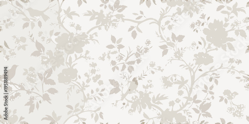 Elegant floral pattern with birds in a muted beige and white tone