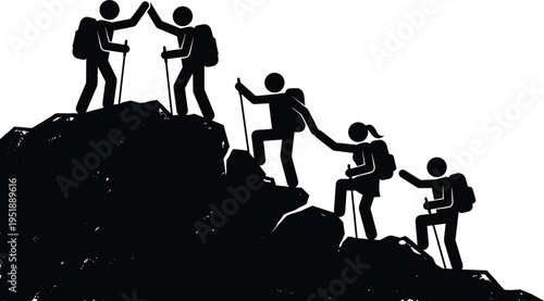 Hiking teamwork silhouettes on mountain peak, climbers helping each other, outdoor adventure success concept, trekking illustration, vector isolated background
