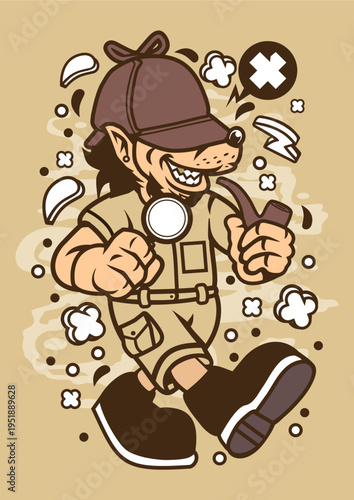 Detective character smoking pipe, wearing cap, whimsical illustration