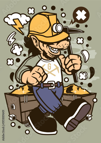 Miner character with pickaxe and cart, mining gold, industrial fun