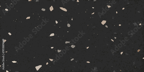 A dark speckled surface featuring irregularly shaped light colored fragments