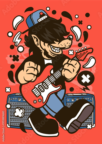 Edgy cartoon wolf character playing electric guitar with rock and roll style