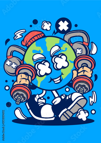 Cartoon earth character exercising with dumbbells and kettlebells, fitness
