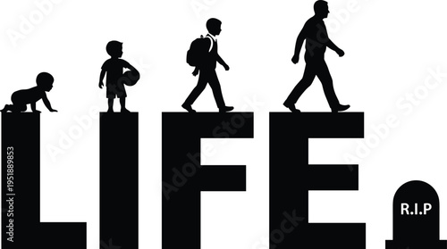 Human life stages concept illustration, growth from baby to adult and death, aging timeline symbol, minimalist silhouette vector isolated background