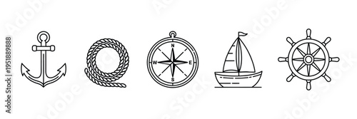 Nautical outline icons illustration, clean black vector set featuring anchor, rope, compass, sailboat, and ship wheel marine symbols.