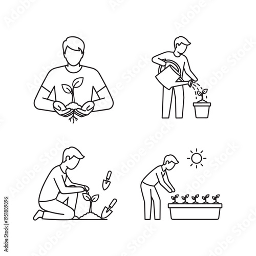 Line art illustrations depicting various stages of plant care, including planting, watering, and nurturing seedlings, showcasing gardening activities.