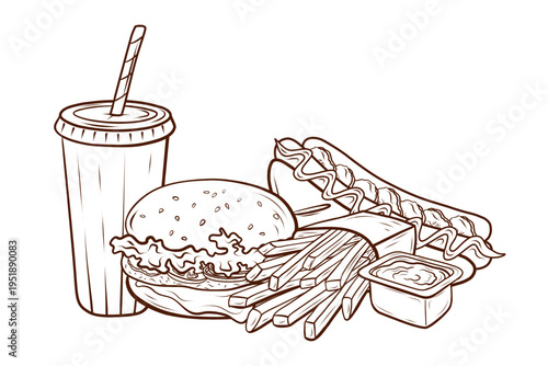 Fast food combo with burger, hot dog, fries, sauce and drink cup. A vector meal set used for cafe menus, diner posters, delivery apps and takeaway flyers.