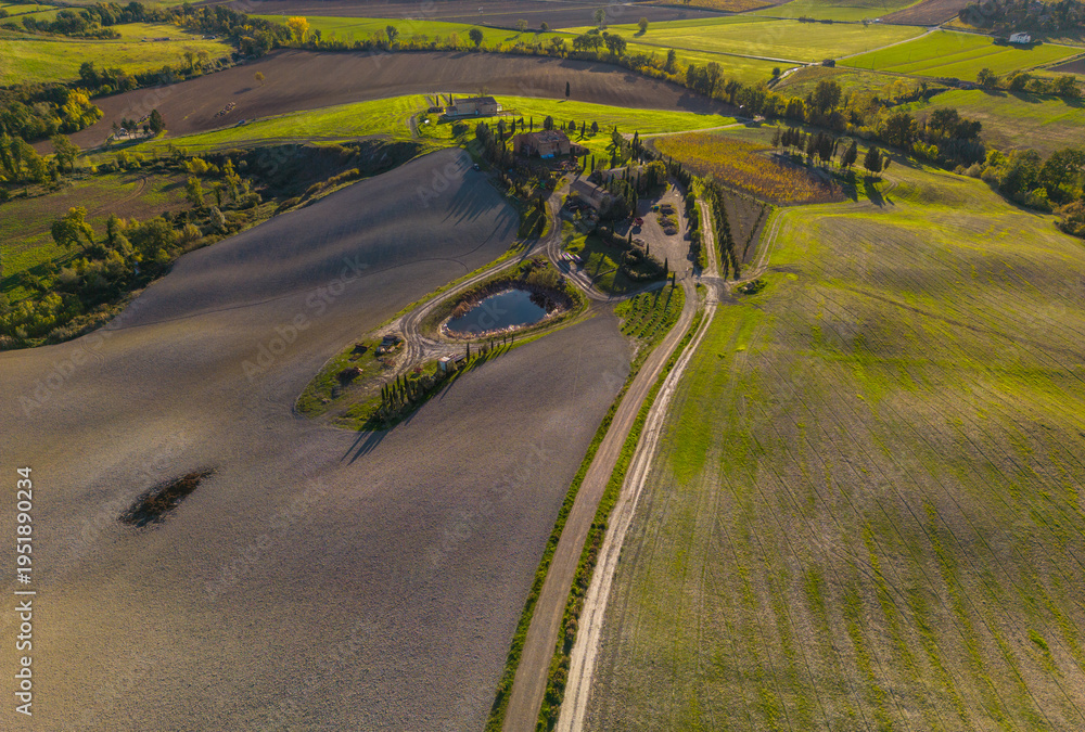 Fototapeta premium Tuscany Casaltina landscape aerial view with farmhouse and fields