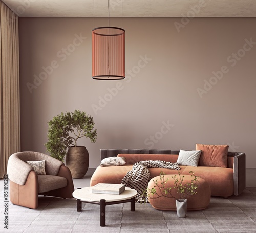 Modern living room interior with terracotta sofa and cylindrical pendant light