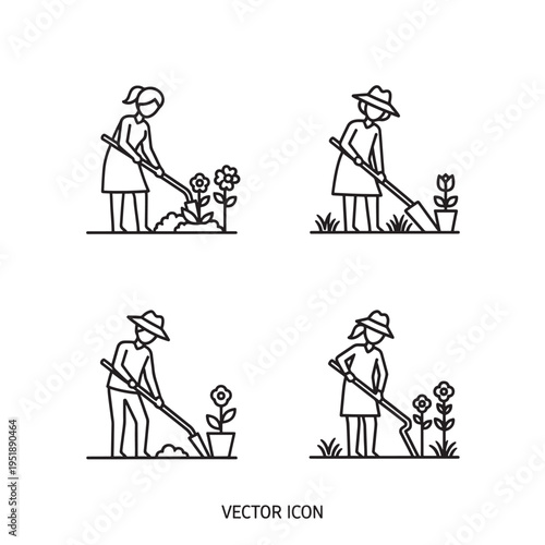 Line art illustrations of people gardening, showing various activities like digging and planting flowers in a garden.