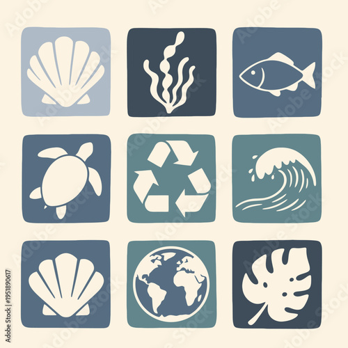 Earth with leaf and sea icons.