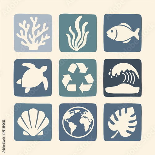 Earth globe with leafy icons around.