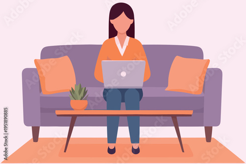 Woman working on a laptop while comfortably seated on a purple sofa