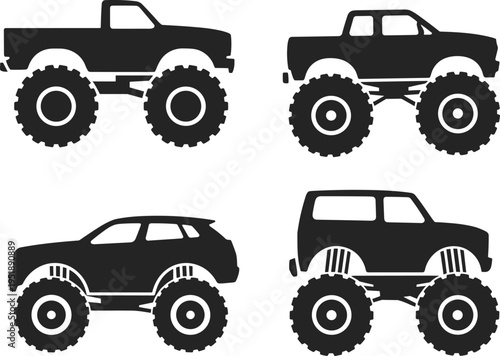 Black silhouette vector set of heavy monster trucks with giant tires including pickup and suv styles for offroad racing and extreme motorsport event design