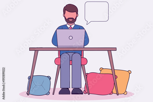 A man working on a laptop at a desk with a speech bubble