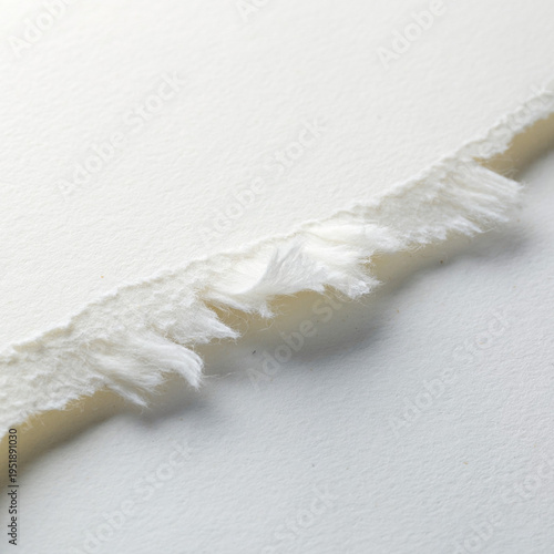 A macro shot capturing the torn edge of thick white watercolor paper, highlighting its textured surface.