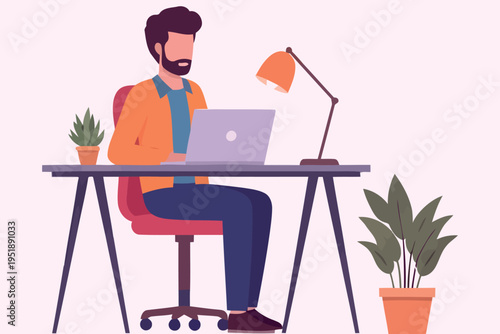 A man working on a laptop at a desk with plants and a lamp