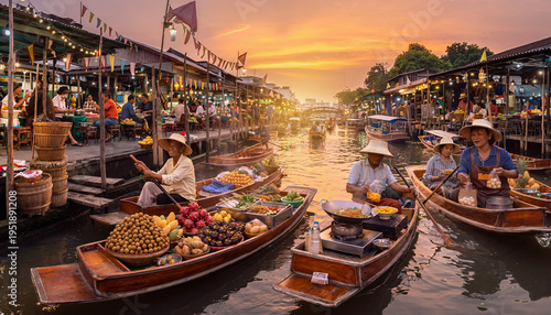 A vibrant panoramic view of a traditional Thai floating market at sunset, where vendors sell fresh tropical fruits and local street food from wooden boats