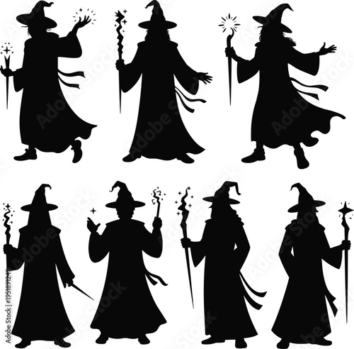 Black silhouette vector set of mystical fantasy wizards and sorcerers wearing robes and hats holding magic staves and wands for mythical character design