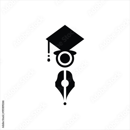 Education and writing logo concept. Graduation cap and fountain pen nib icon. Academic success and creative literature symbol isolated on white background.